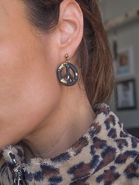 Boho Black & Gold Fleck Peace Sign Festival Western Earrings Handmade Statement